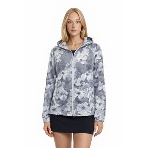 Nike Running Women's Size Large Grey Geometric Floral Hooded Windbreaker Jacket